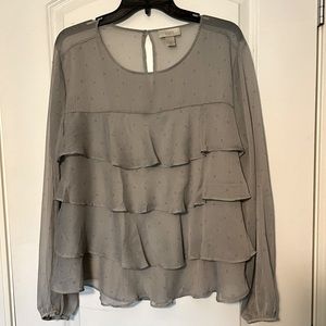LOFT Outlet Grey Long Sleeve Sheer Tiered Top XL